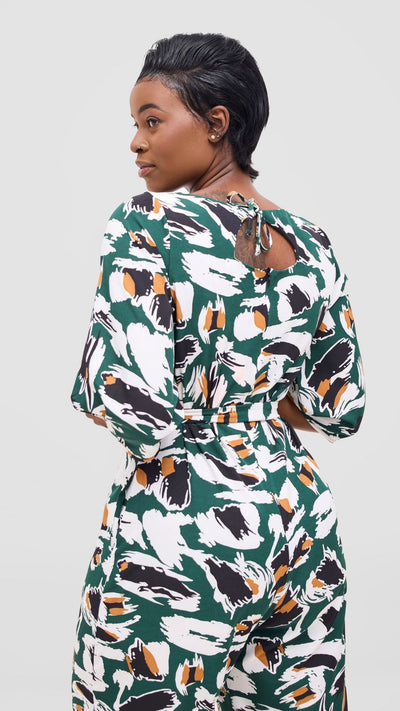 Vivo Zahari Sweatheart Neck Jumpsuit - Green / Black Print - Shopzetu