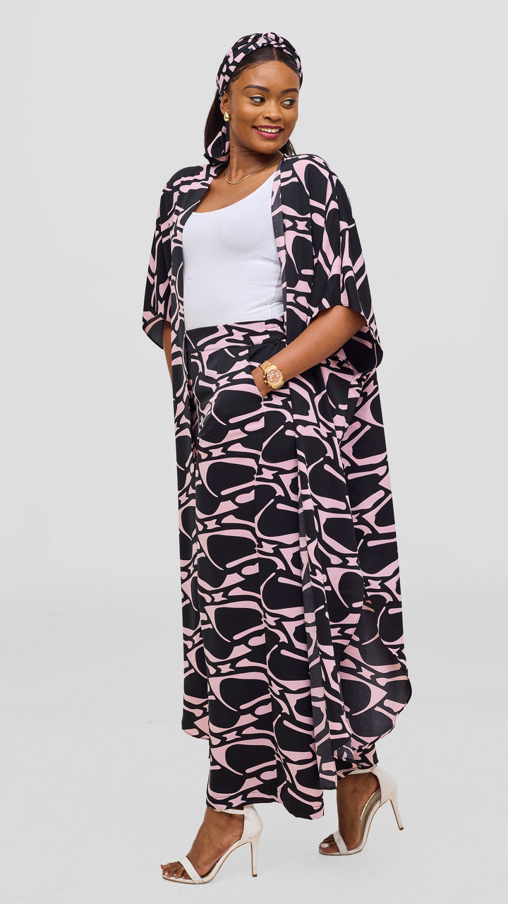 Vivo Maisha Kimono in Crepe - Light Pink / Black Abstract Print