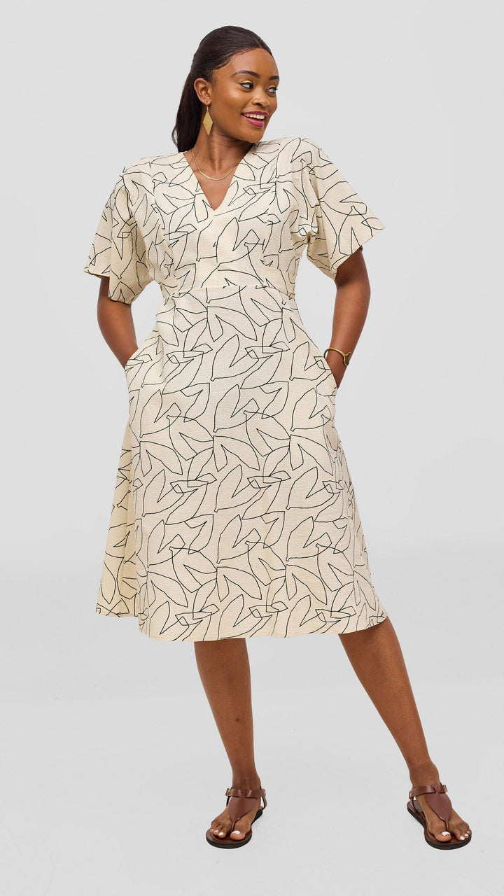 Safari by Vivo Zehra Tie Waist Kimono Dress - Cream / Black Print