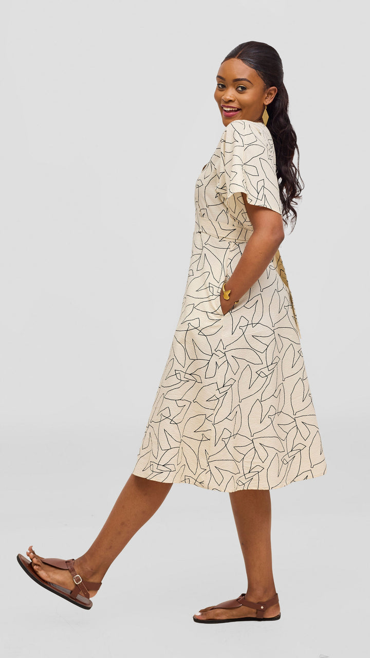 Safari by Vivo Zehra Tie Waist Kimono Dress - Cream / Black Print