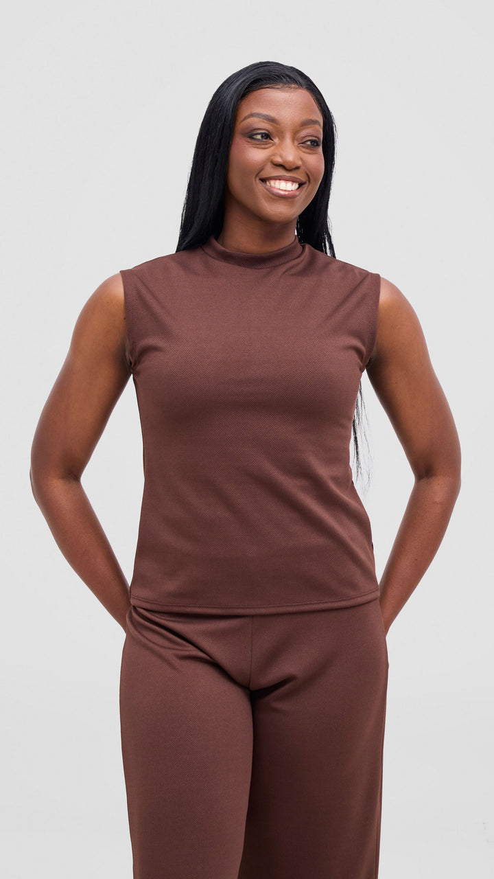 Vivo Selah Mock Neck Top in Stretch Rib  - Chocolate