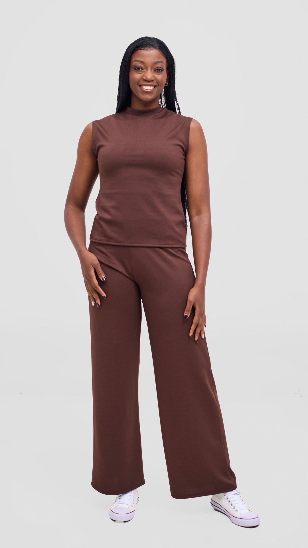Vivo Selah Mock Neck Top in Stretch Rib  - Chocolate