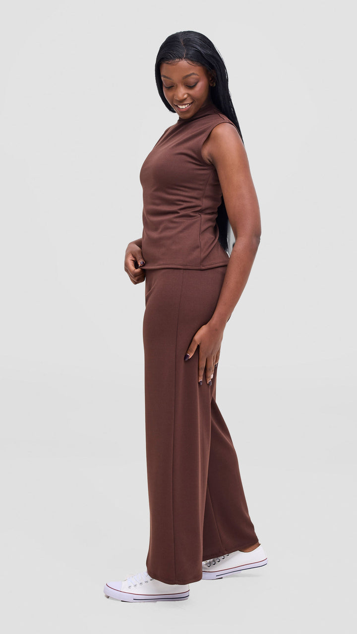 Vivo Selah Mock Neck Top in Stretch Rib  - Chocolate