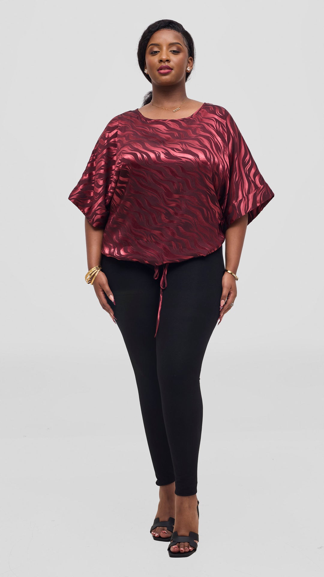 Vivo Liora Satin Drawstring Kimono Sleeve Top - Burgundy Textured Print