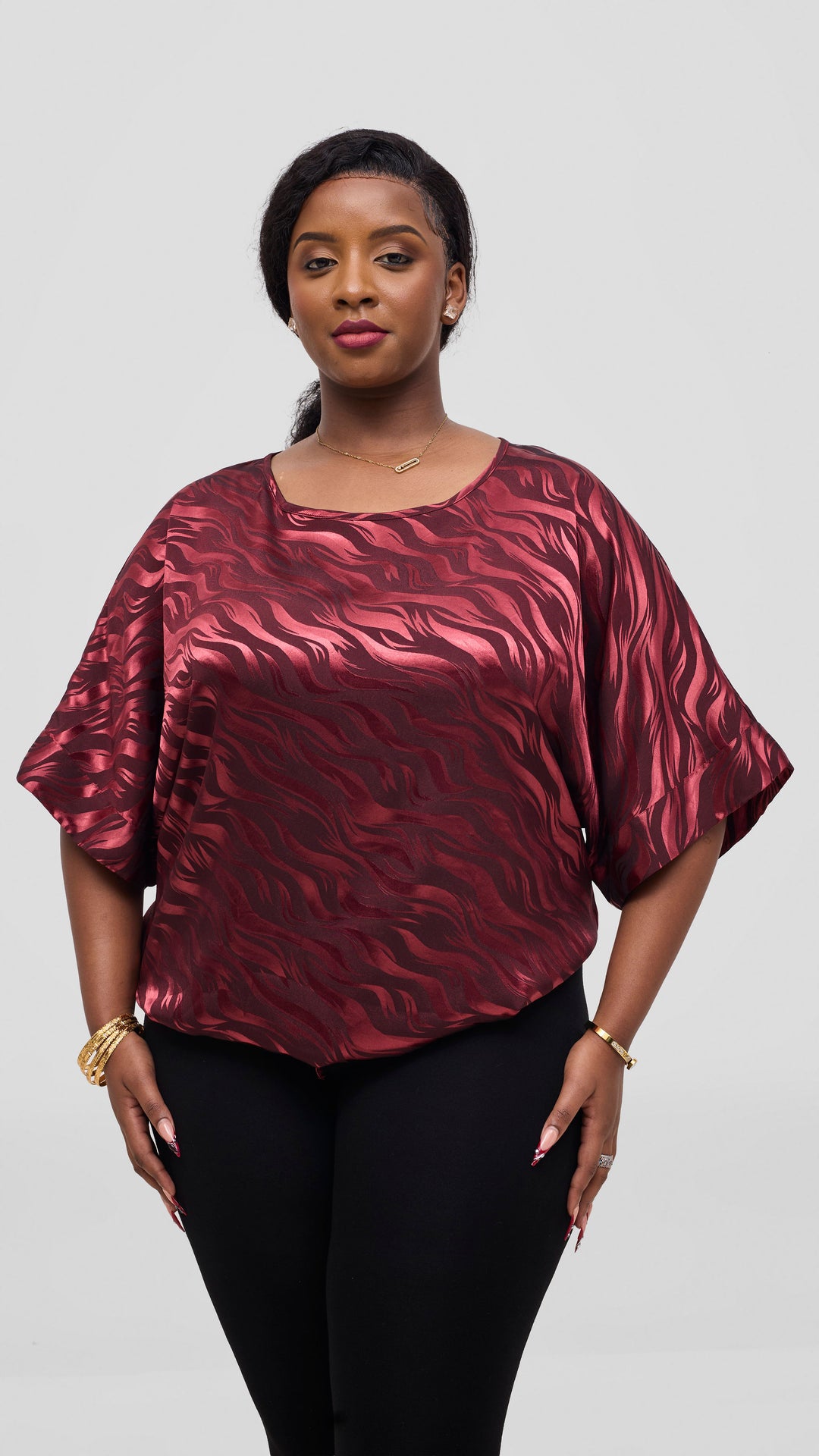 Vivo Liora Satin Drawstring Kimono Sleeve Top - Burgundy Textured Print
