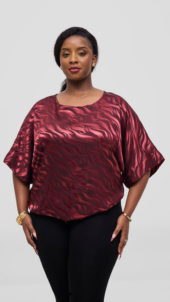 Vivo Liora Satin Drawstring Kimono Sleeve Top - Burgundy Textured Print