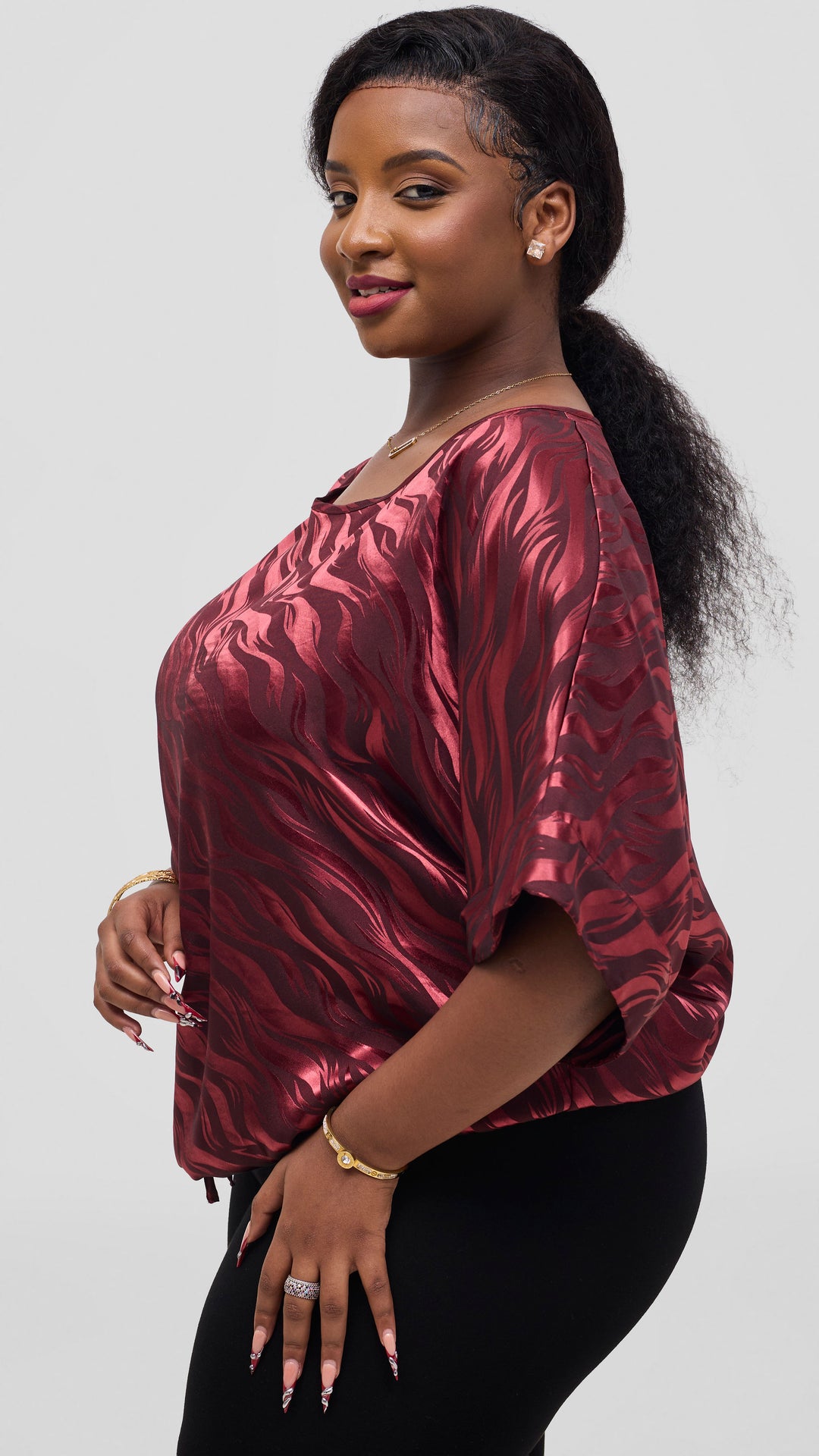 Vivo Liora Satin Drawstring Kimono Sleeve Top - Burgundy Textured Print