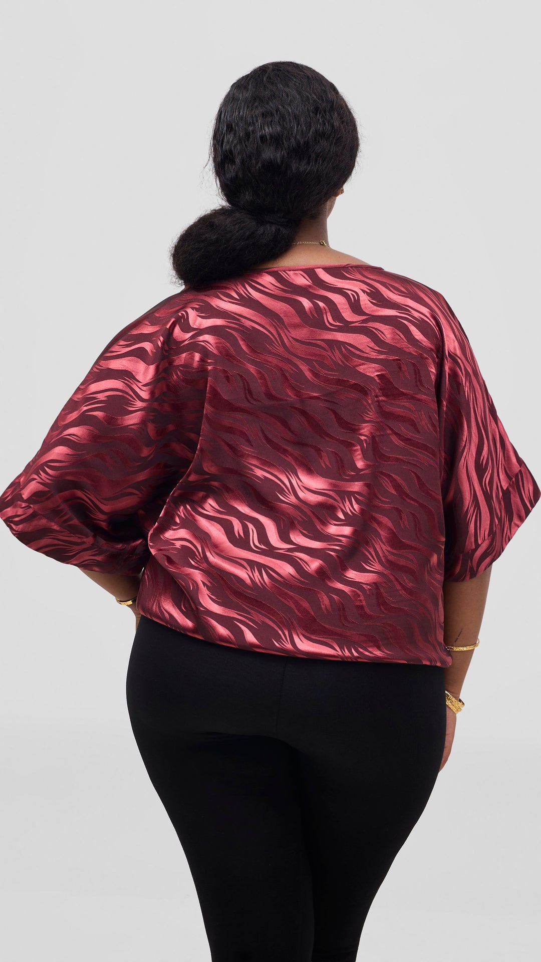 Vivo Liora Satin Drawstring Kimono Sleeve Top - Burgundy Textured Print