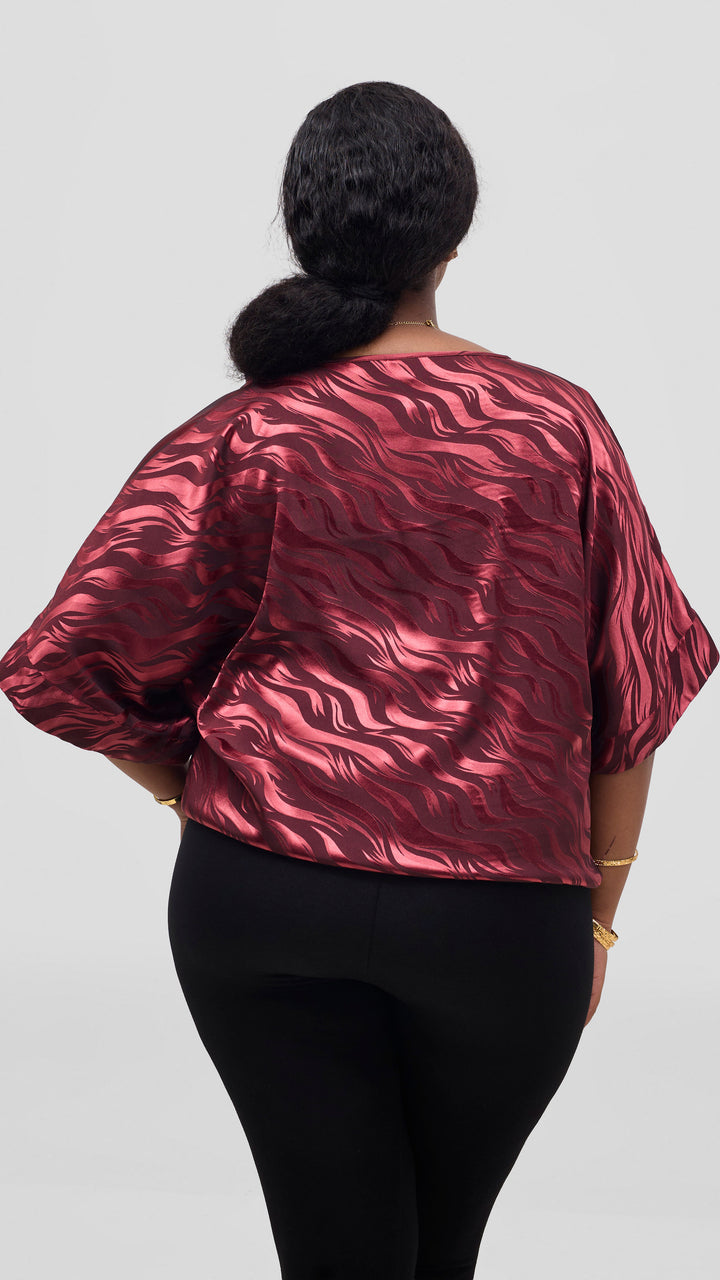 Vivo Liora Satin Drawstring Kimono Sleeve Top - Burgundy Textured Print