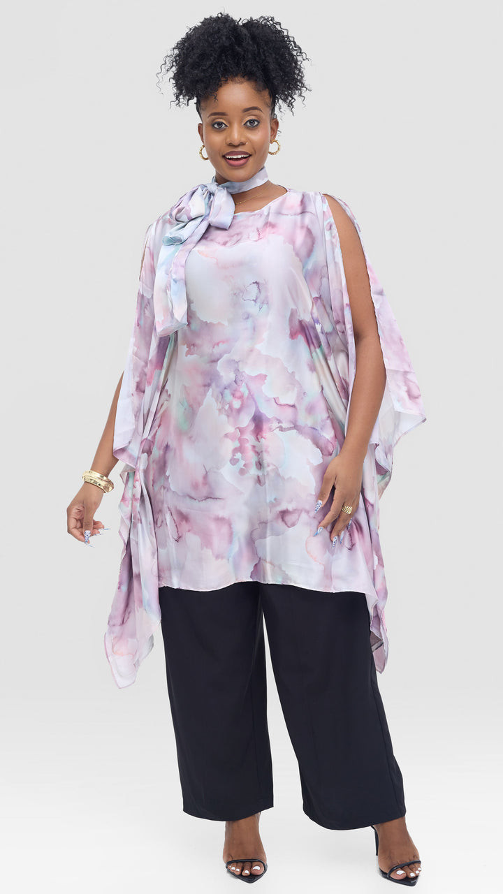 Vivo Knee Length Kaftan in Satin - Teal / Purple Print