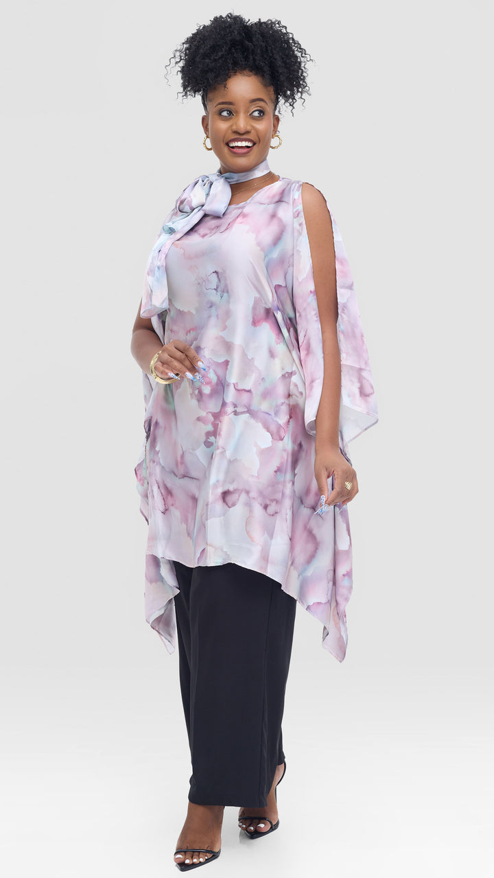 Vivo Knee Length Kaftan in Satin - Teal / Purple Print