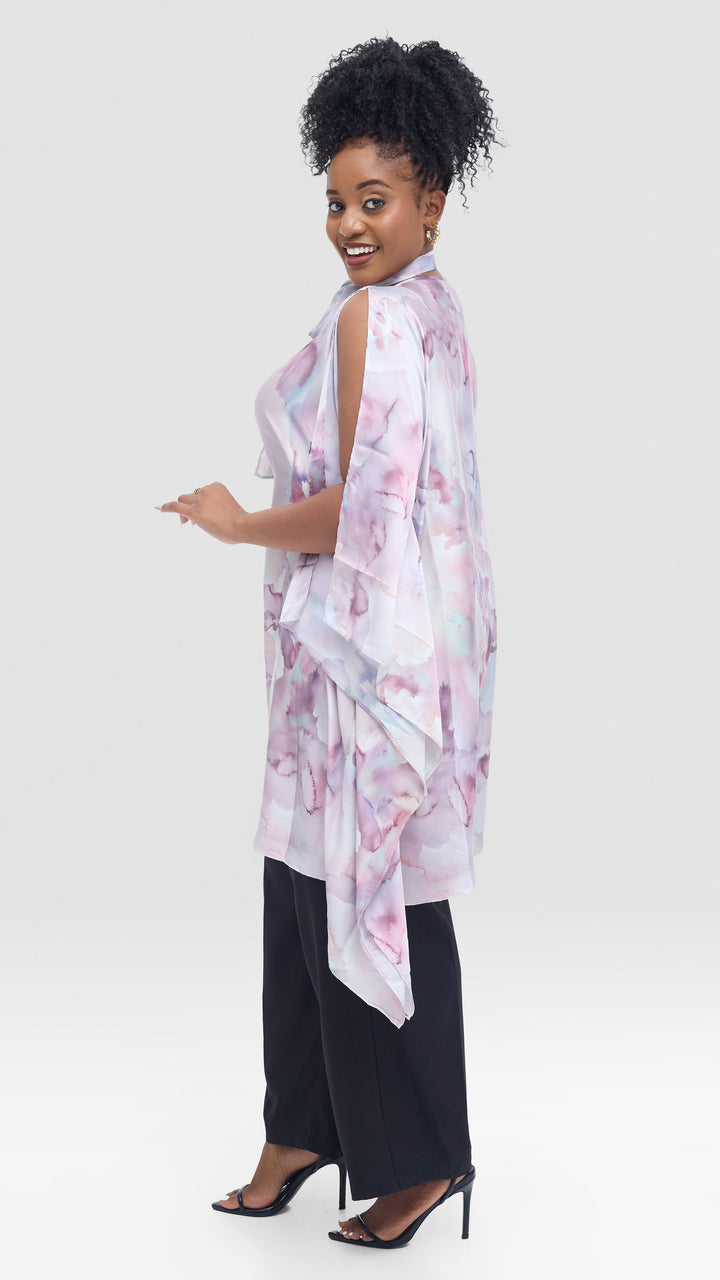 Vivo Knee Length Kaftan in Satin - Teal / Purple Print