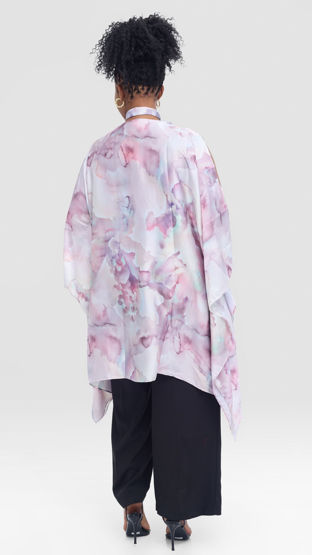 Vivo Knee Length Kaftan in Satin - Teal / Purple Print