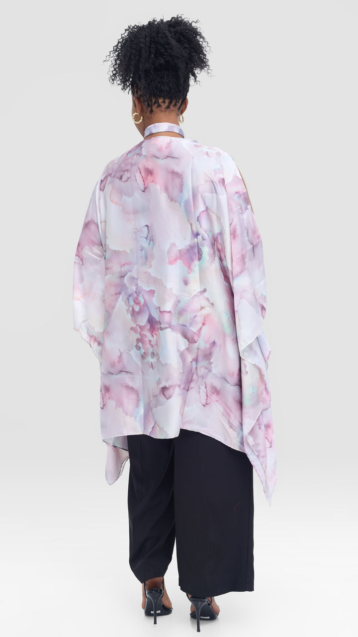 Vivo Knee Length Kaftan in Satin - Teal / Purple Print