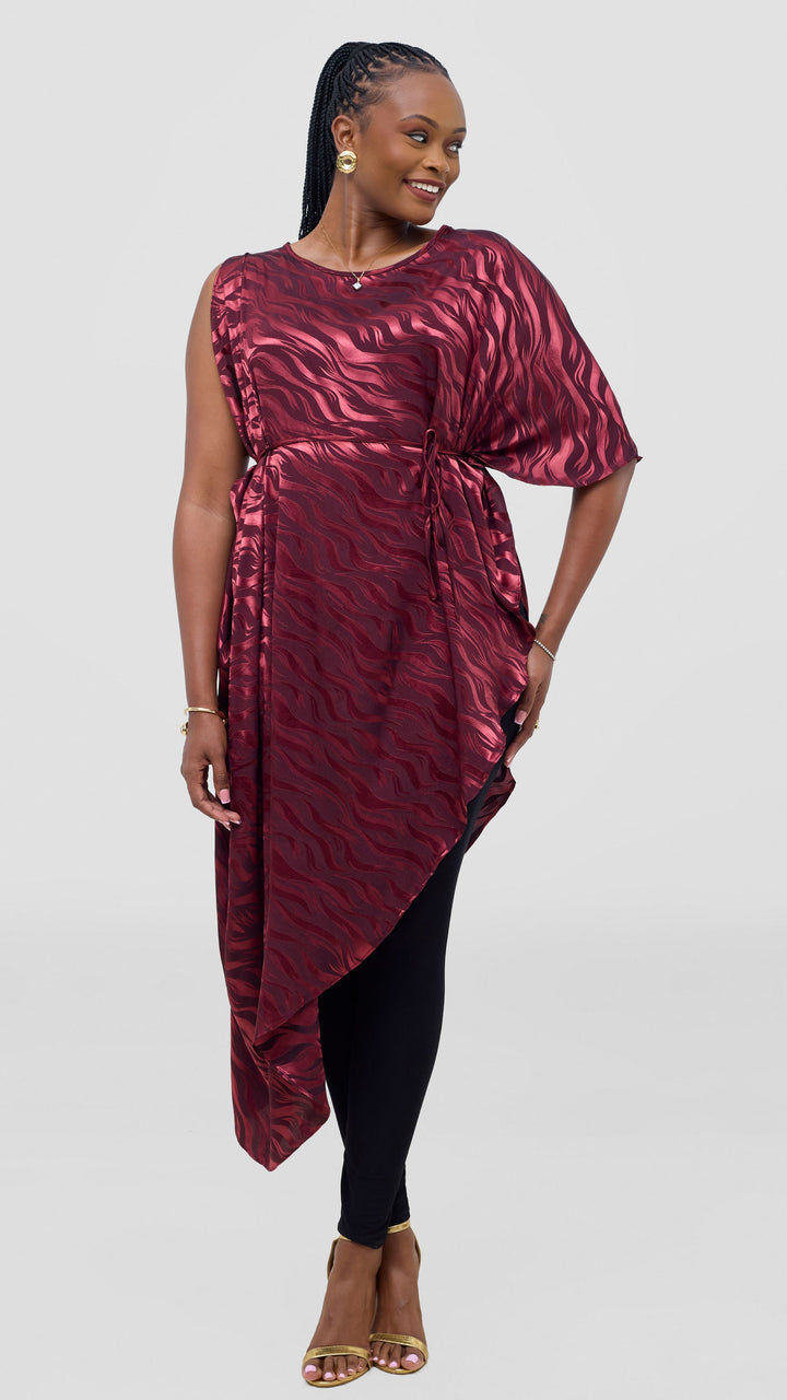 Vivo Liora Asymmetrical Kaftan Top in Satin - Burgundy Textured Print