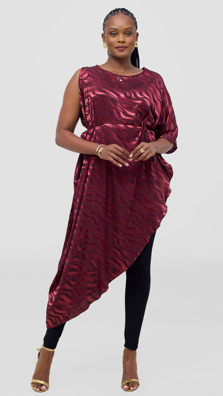 Vivo Liora Asymmetrical Kaftan Top in Satin - Burgundy Textured Print