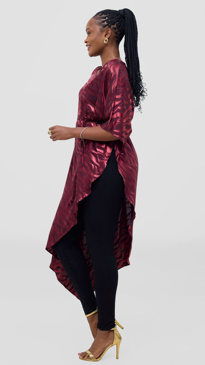 Vivo Liora Asymmetrical Kaftan Top in Satin - Burgundy Textured Print