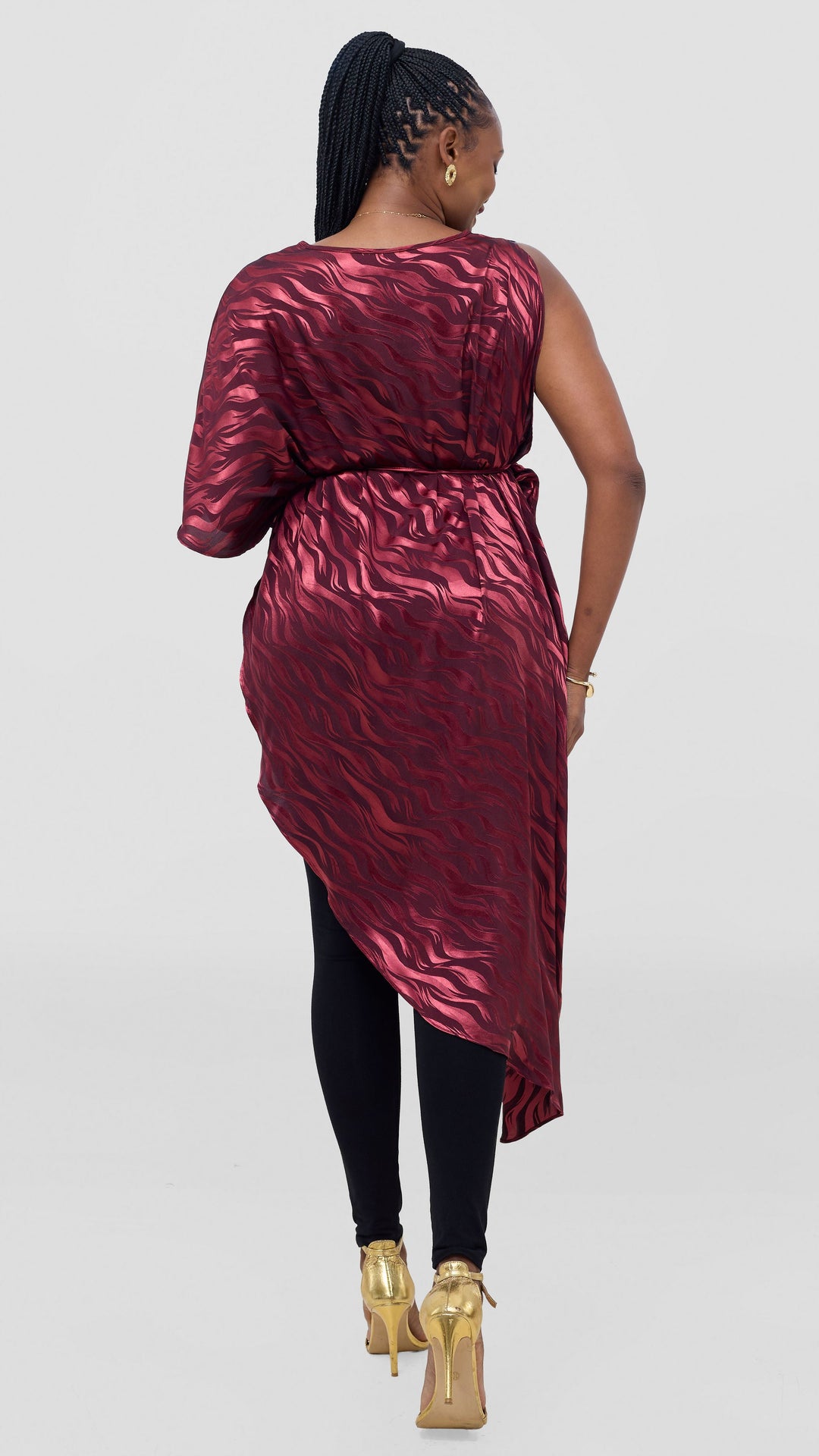 Vivo Liora Asymmetrical Kaftan Top in Satin - Burgundy Textured Print