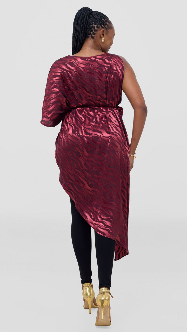 Vivo Liora Asymmetrical Kaftan Top in Satin - Burgundy Textured Print