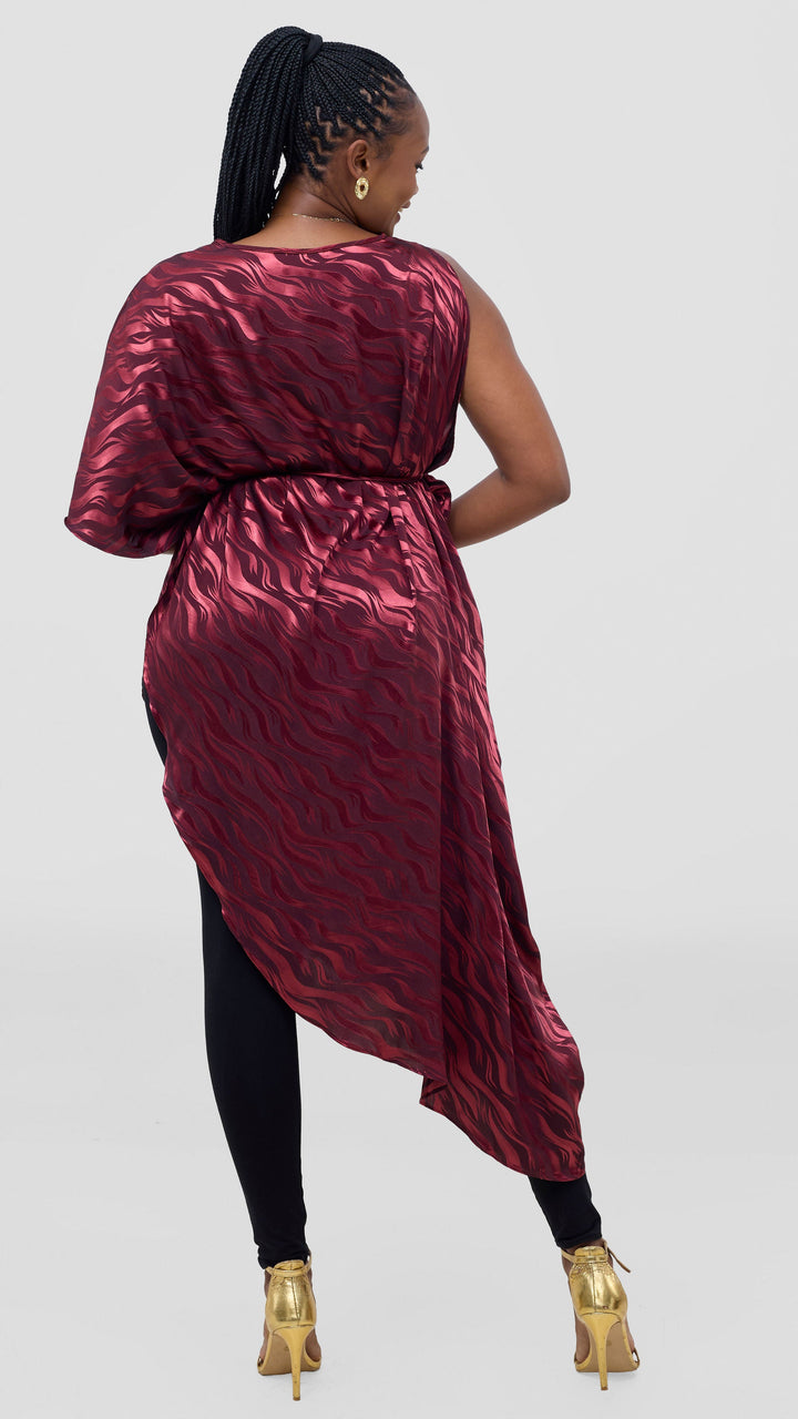 Vivo Liora Asymmetrical Kaftan Top in Satin - Burgundy Textured Print