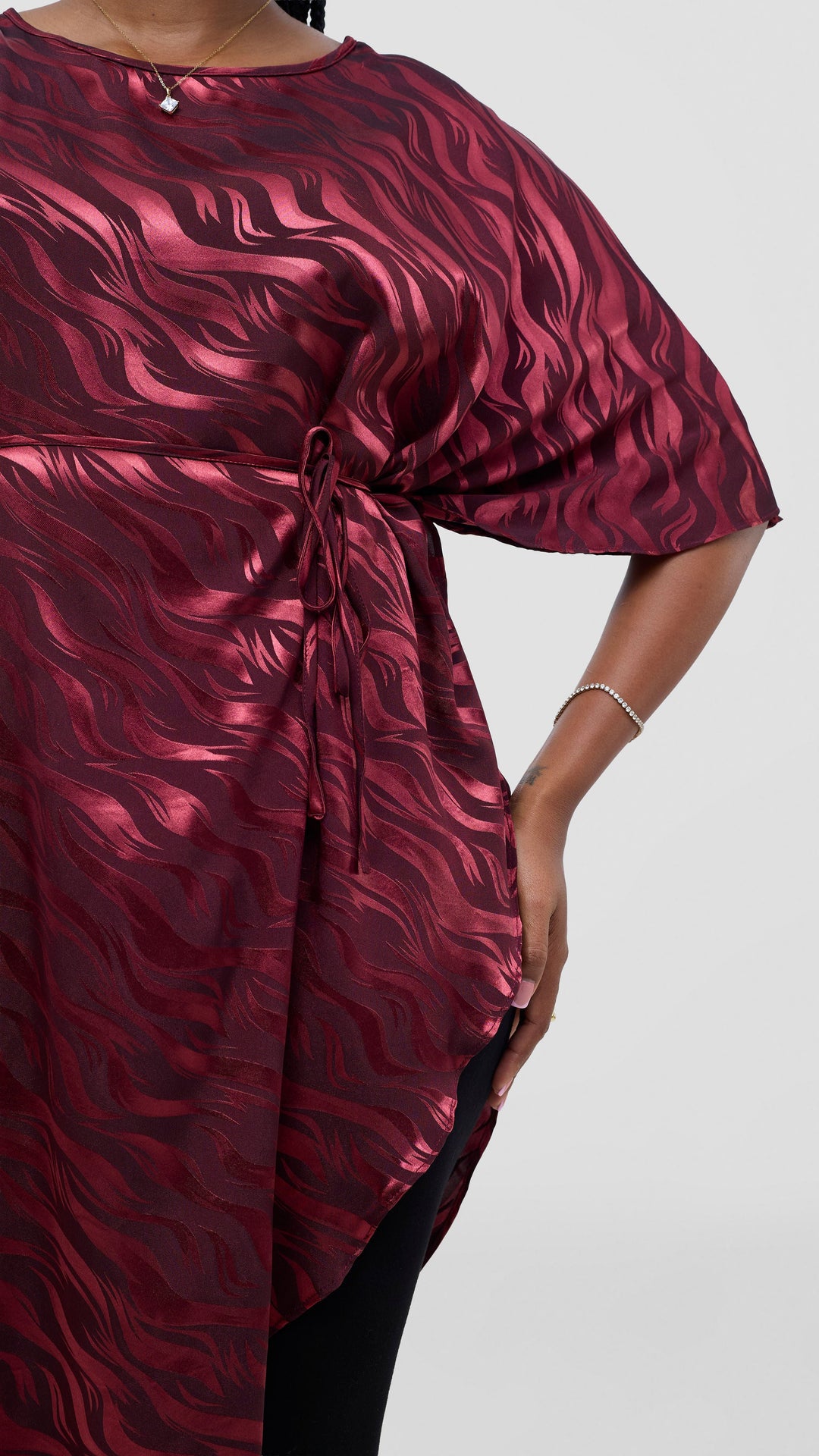 Vivo Liora Asymmetrical Kaftan Top in Satin - Burgundy Textured Print