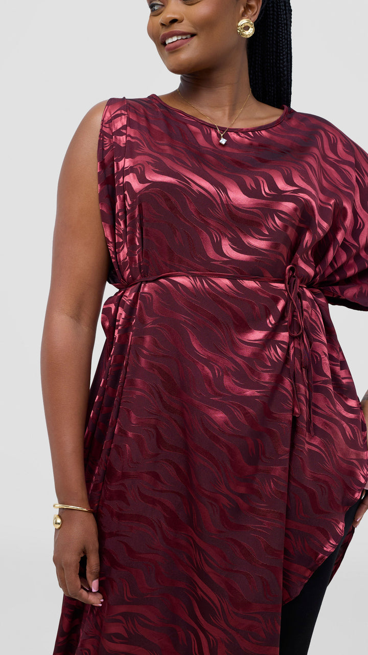 Vivo Liora Asymmetrical Kaftan Top in Satin - Burgundy Textured Print