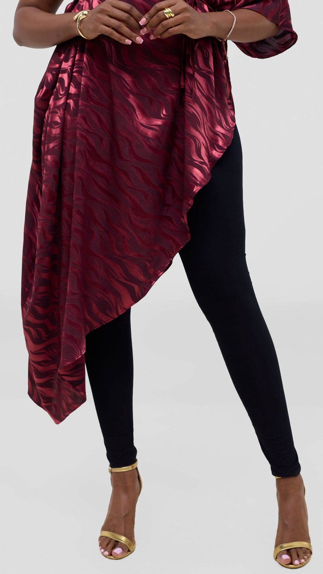 Vivo Liora Asymmetrical Kaftan Top in Satin - Burgundy Textured Print