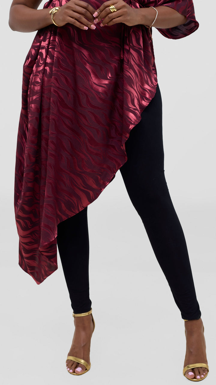 Vivo Liora Asymmetrical Kaftan Top in Satin - Burgundy Textured Print