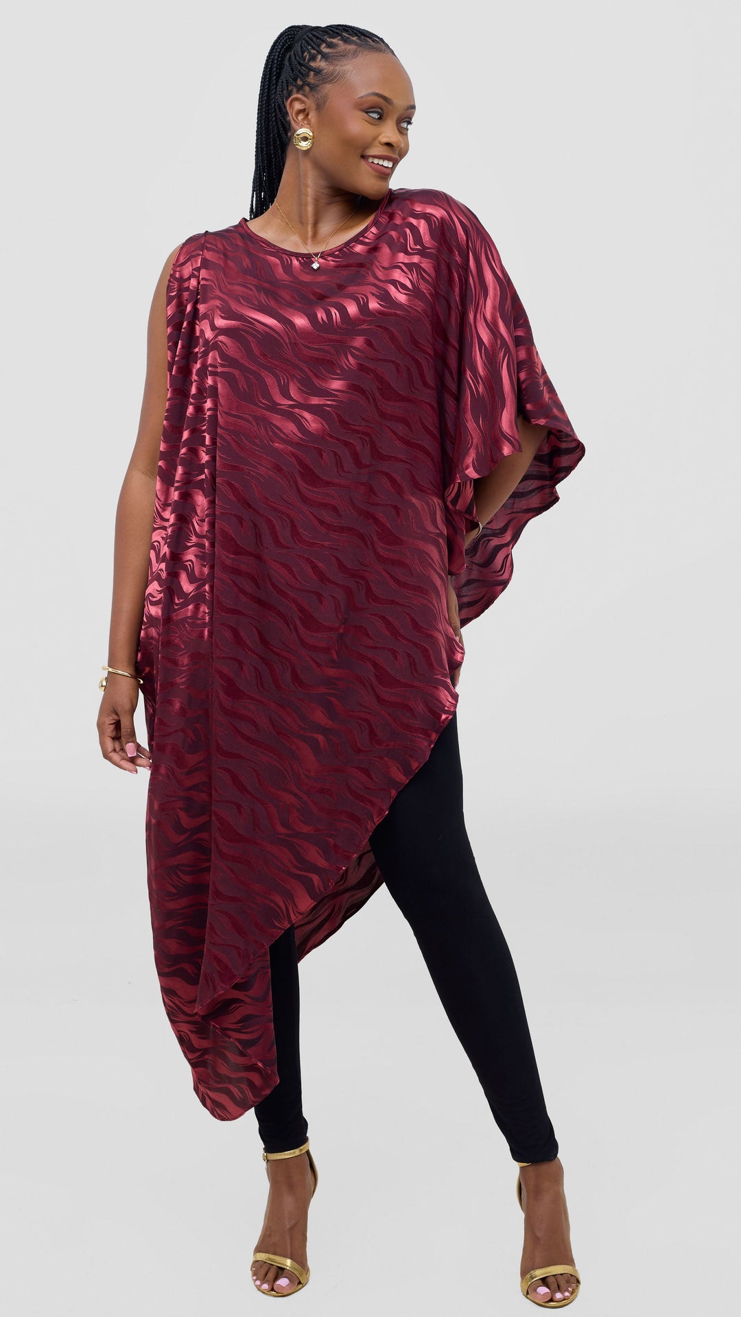 Vivo Liora Asymmetrical Kaftan Top in Satin - Burgundy Textured Print