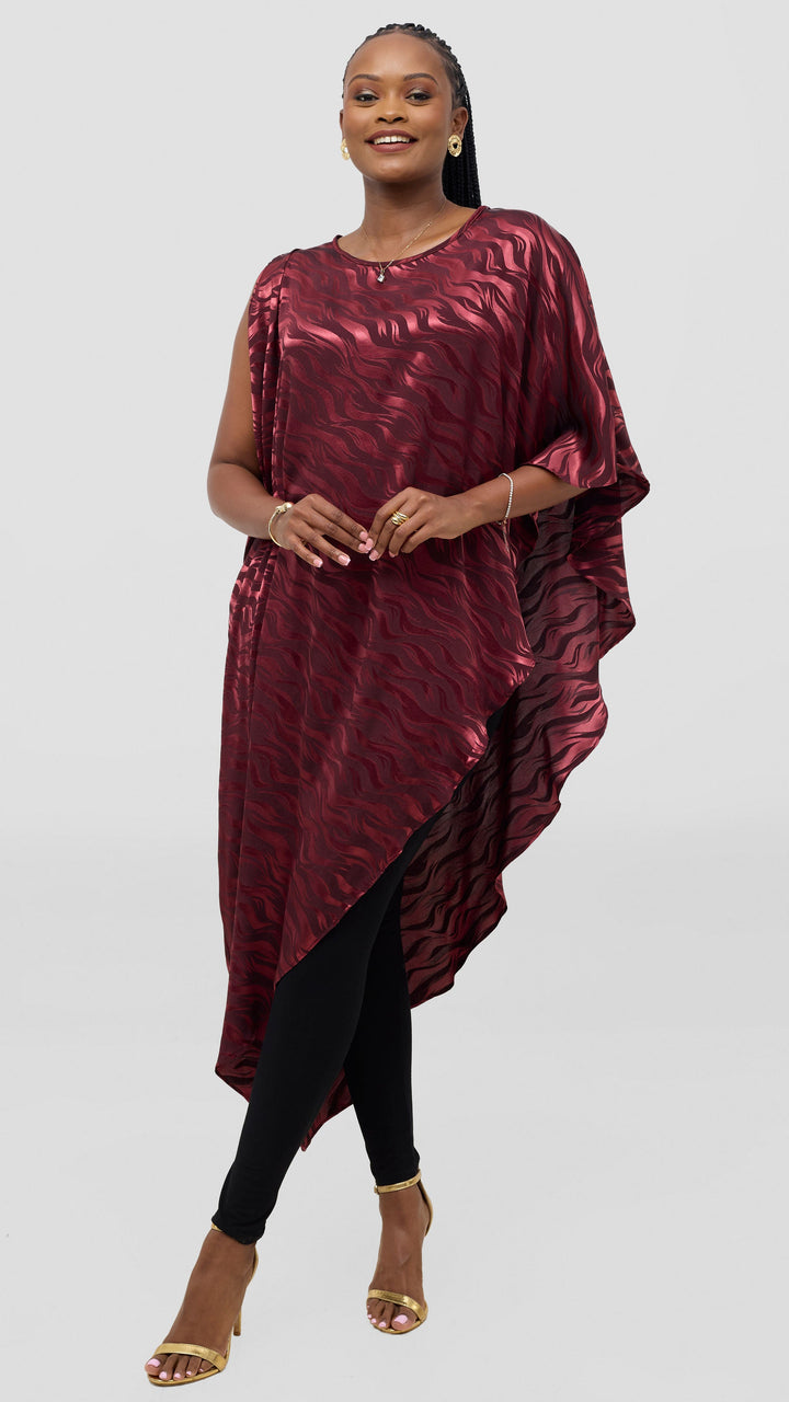 Vivo Liora Asymmetrical Kaftan Top in Satin - Burgundy Textured Print