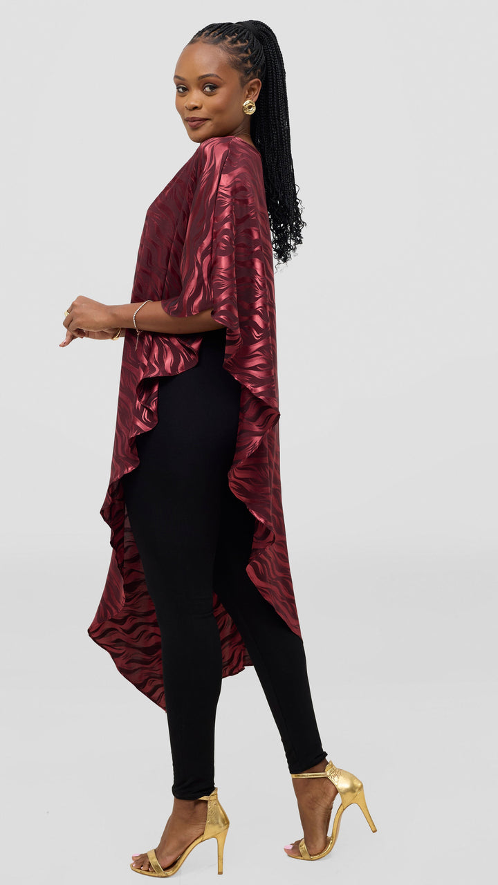 Vivo Liora Asymmetrical Kaftan Top in Satin - Burgundy Textured Print
