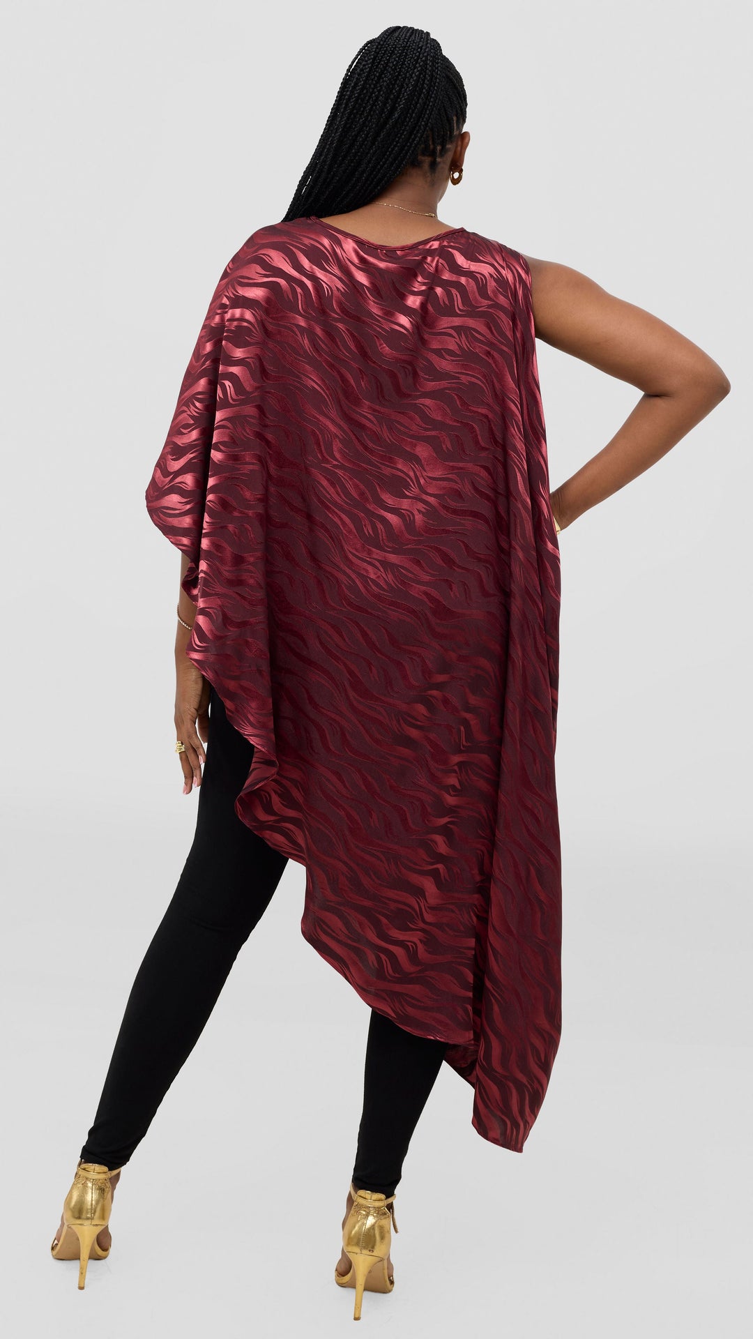 Vivo Liora Asymmetrical Kaftan Top in Satin - Burgundy Textured Print