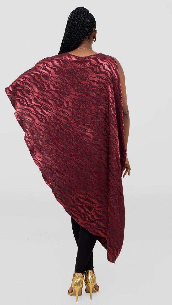 Vivo Liora Asymmetrical Kaftan Top in Satin - Burgundy Textured Print