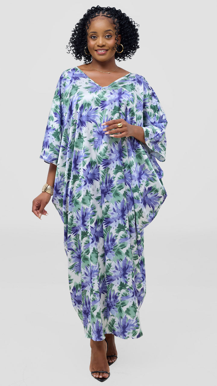 Vivo Keza V-Neck Maxi Kaftan - White / Lilac Print