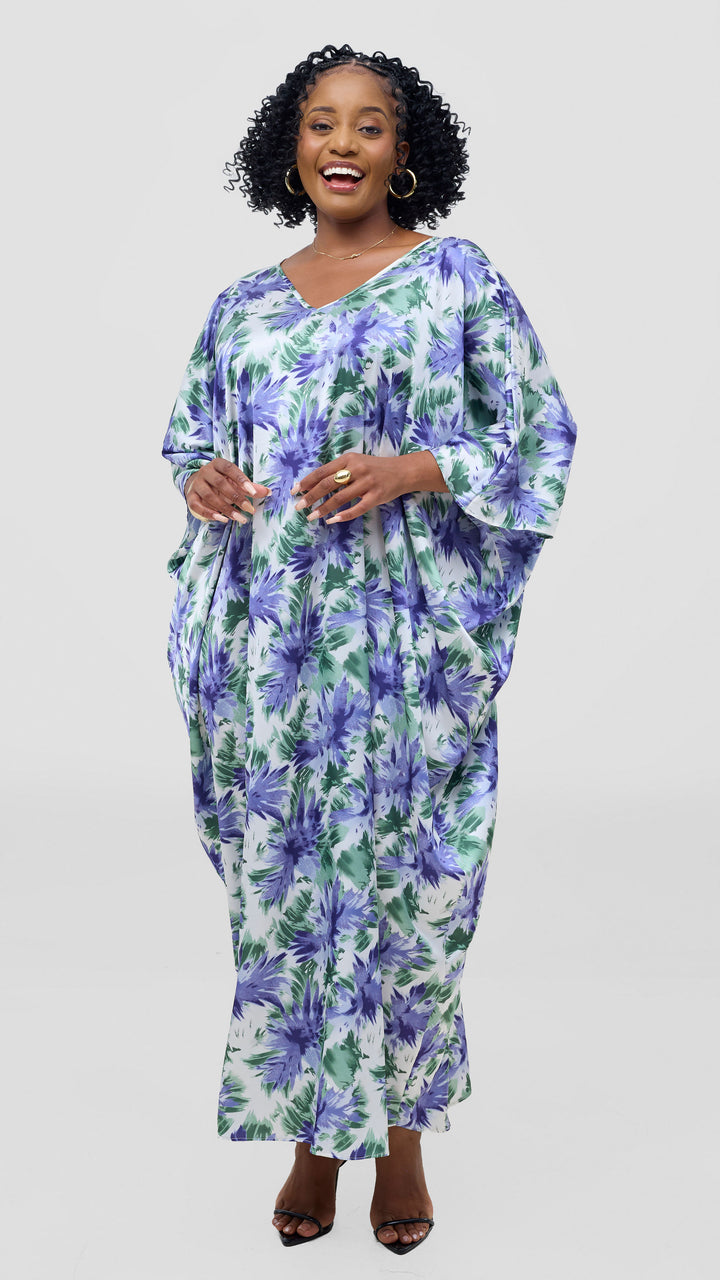 Vivo Keza V-Neck Maxi Kaftan - White / Lilac Print