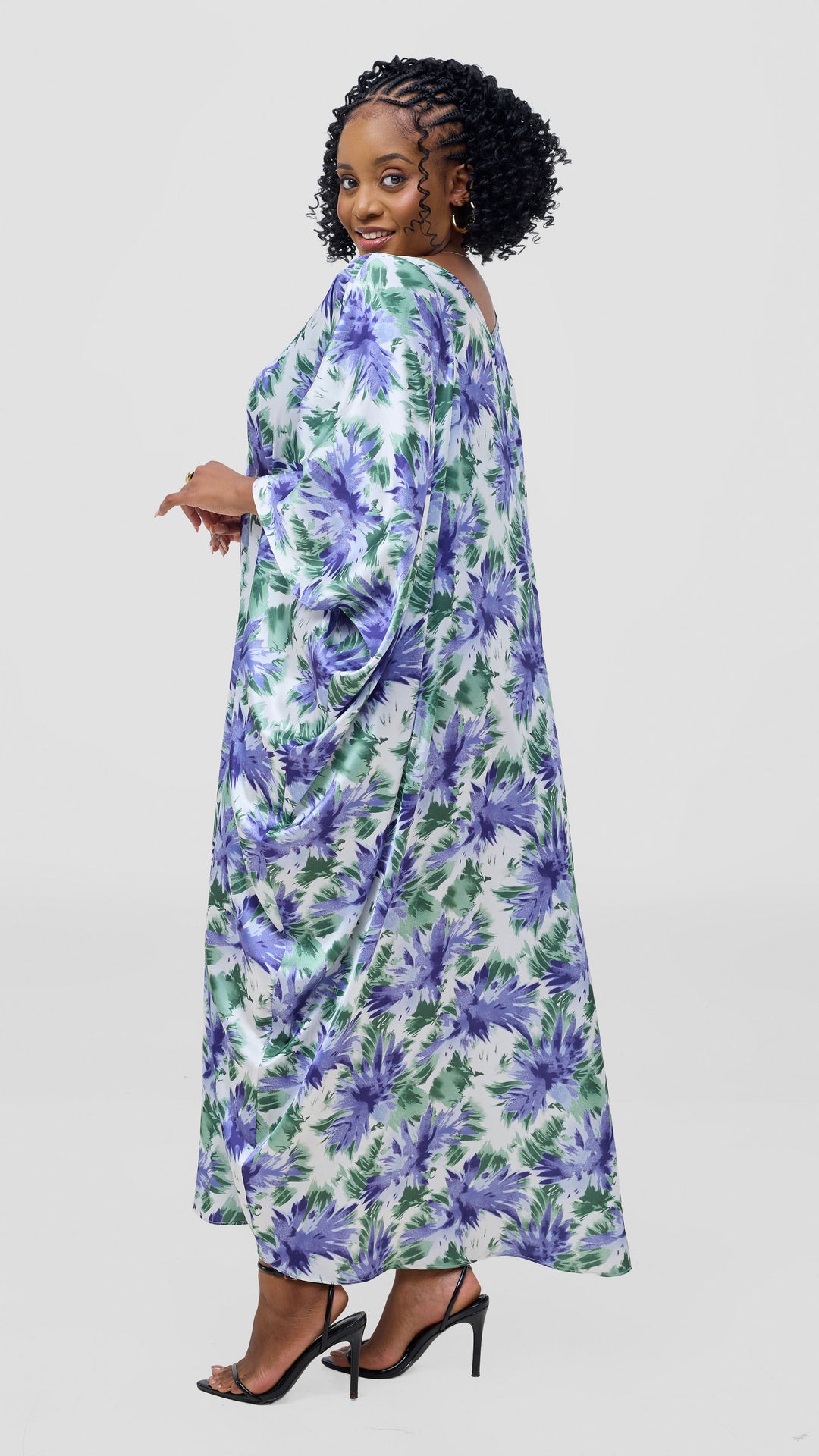 Vivo Keza V-Neck Maxi Kaftan - White / Lilac Print