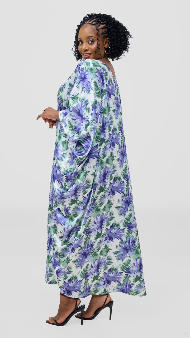 Vivo Keza V-Neck Maxi Kaftan - White / Lilac Print