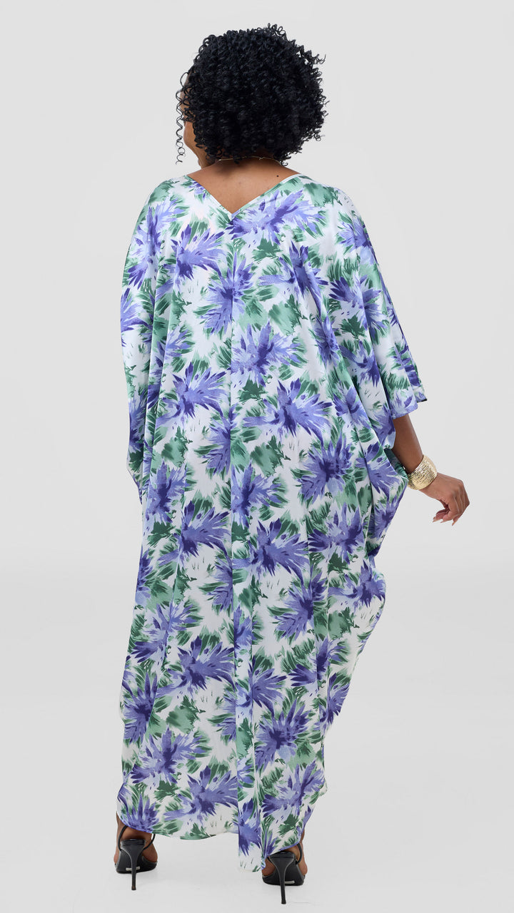 Vivo Keza V-Neck Maxi Kaftan - White / Lilac Print