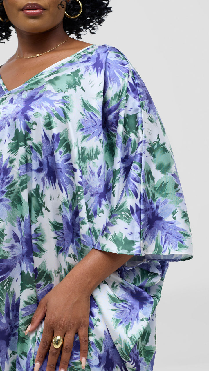 Vivo Keza V-Neck Maxi Kaftan - White / Lilac Print