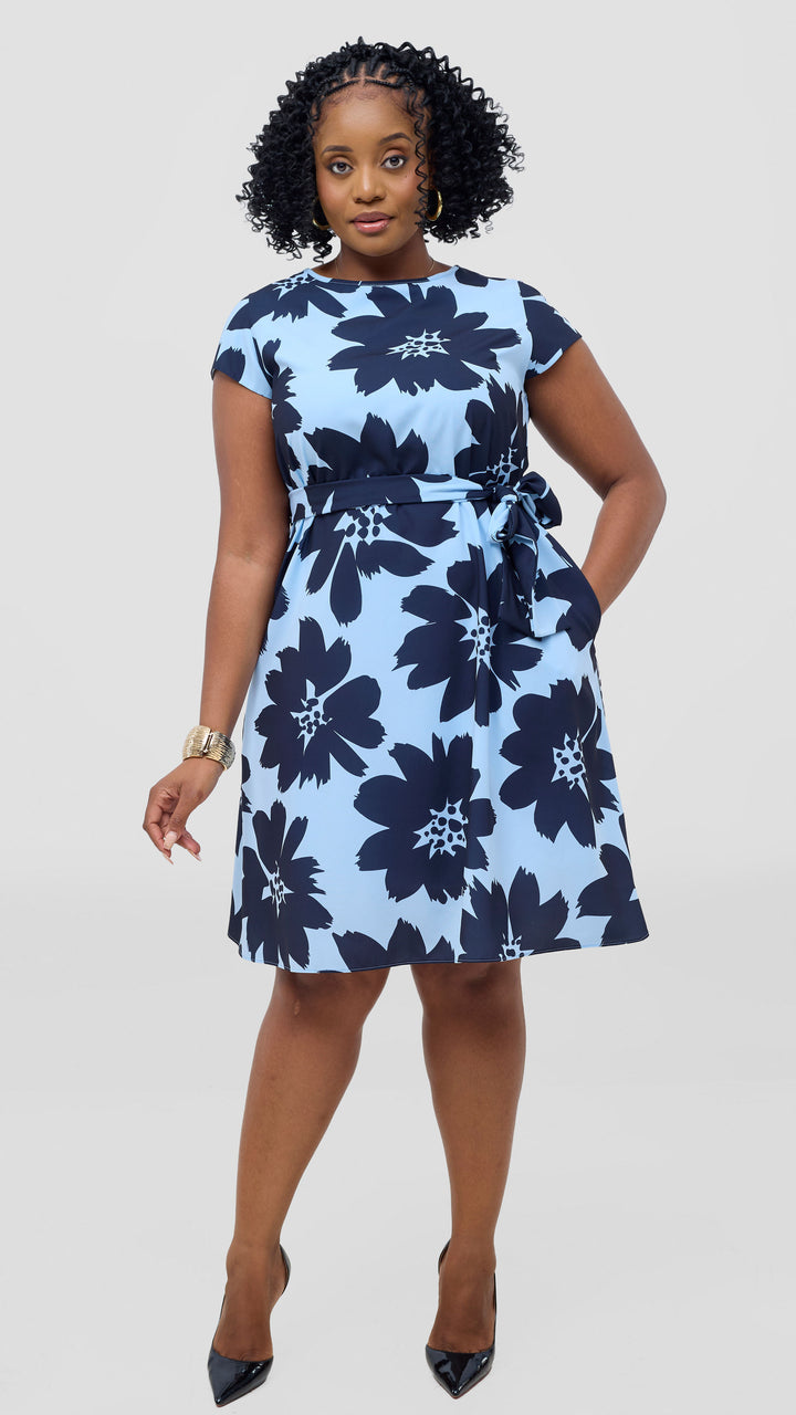 Vivo Basic Cap Sleeve Knee Length Dress - Light Blue / Navy Print