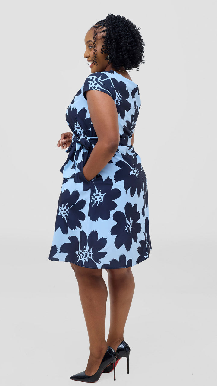 Vivo Basic Cap Sleeve Knee Length Dress - Light Blue / Navy Print