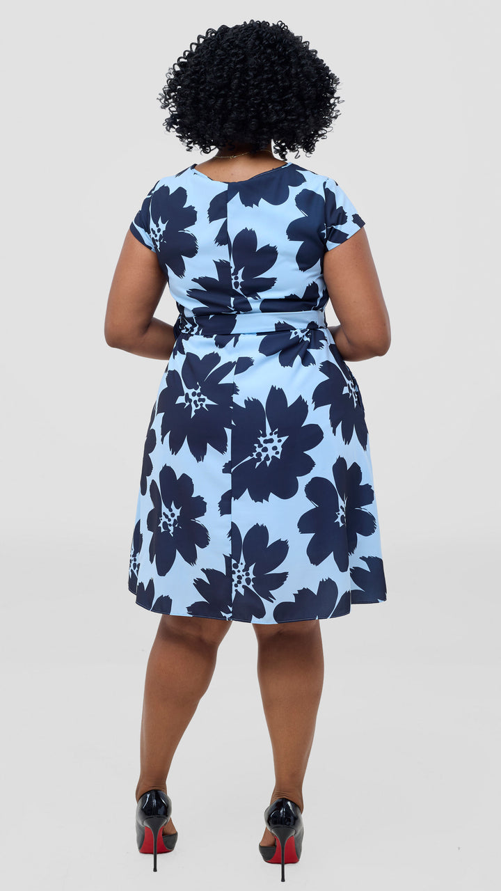Vivo Basic Cap Sleeve Knee Length Dress - Light Blue / Navy Print