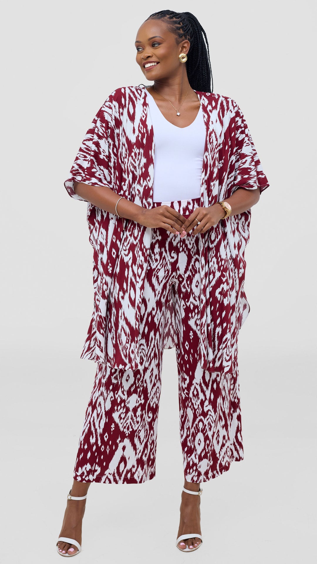 Vivo Samira Wide Kimono - Maroon / White Print