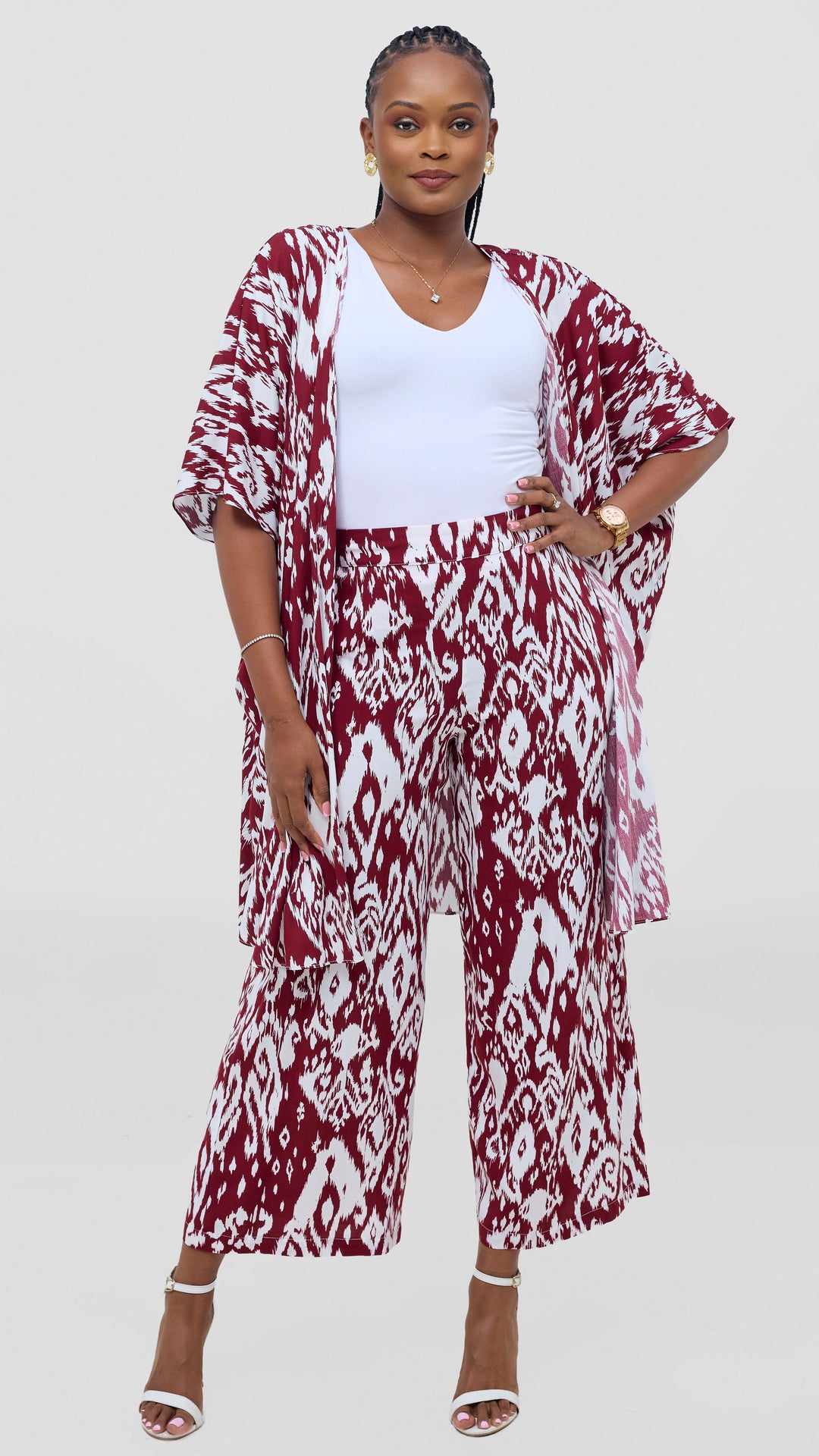 Vivo Samira Wide Kimono - Maroon / White Print