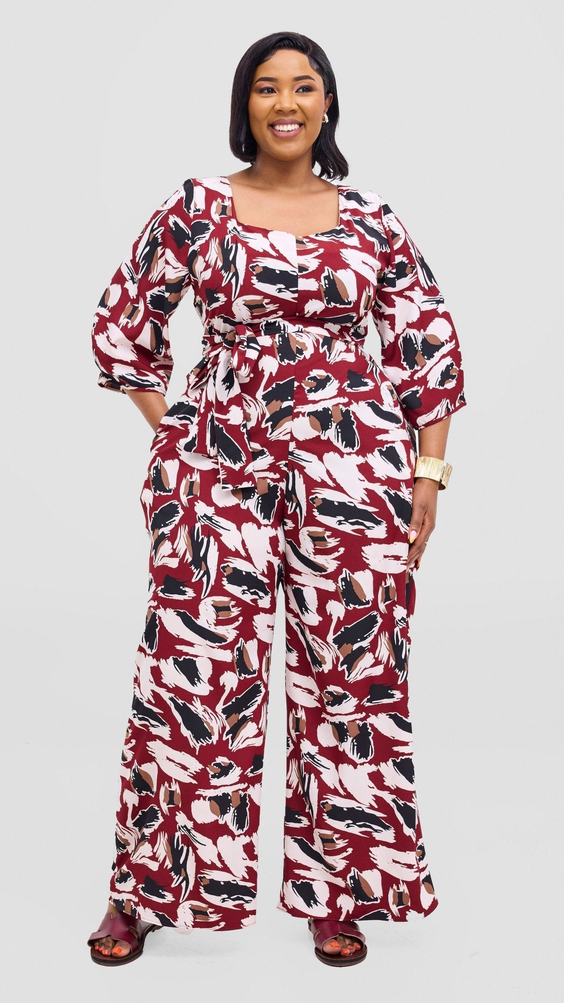 Vivo Zahari Sweatheart Neck Jumpsuit - Maroon / Black Print - Shopzetu
