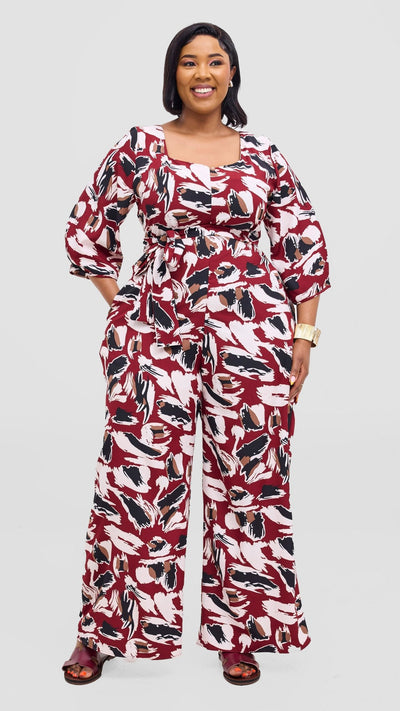 Vivo Zahari Sweatheart Neck Jumpsuit - Maroon / Black Print - Shopzetu