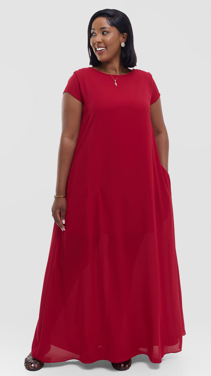 Vivo Basic Cap Sleeve Maxi Dress in Chiffon - Red