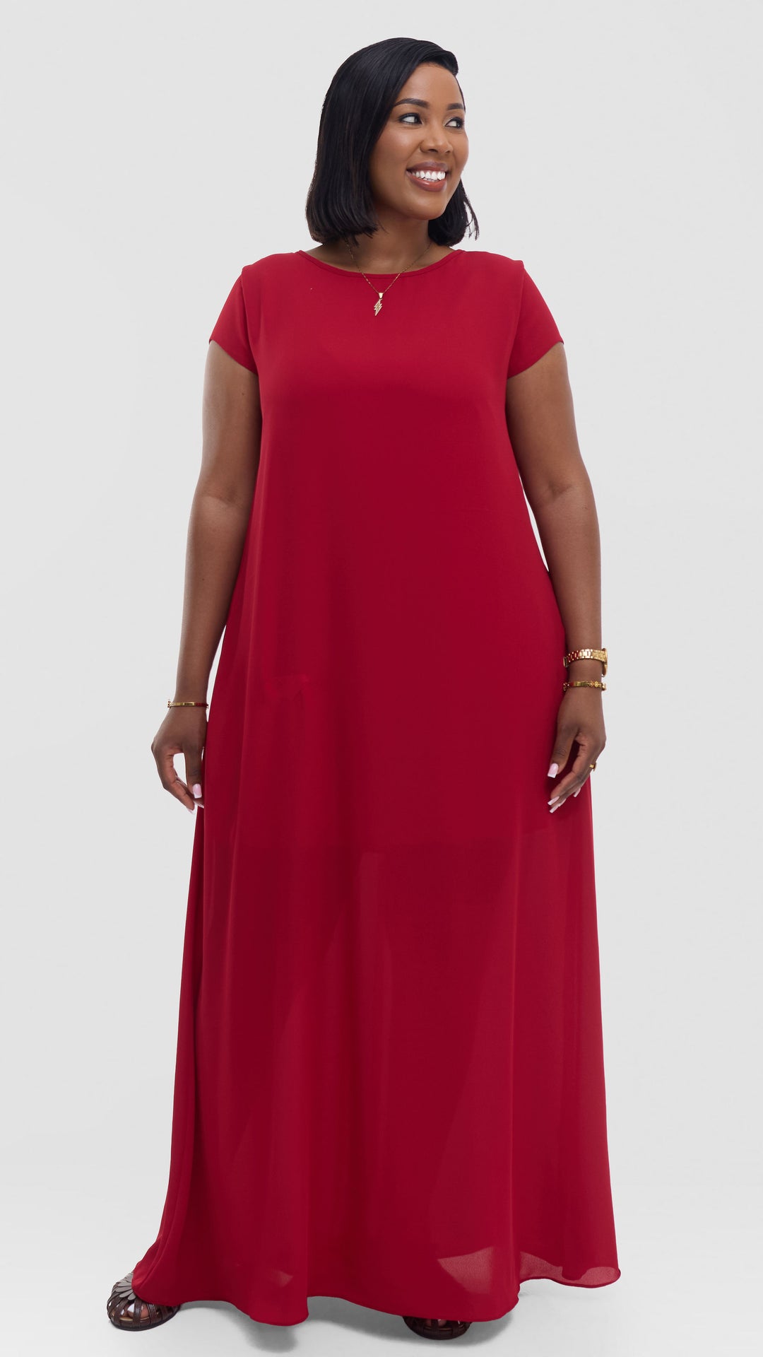 Vivo Basic Cap Sleeve Maxi Dress in Chiffon - Red