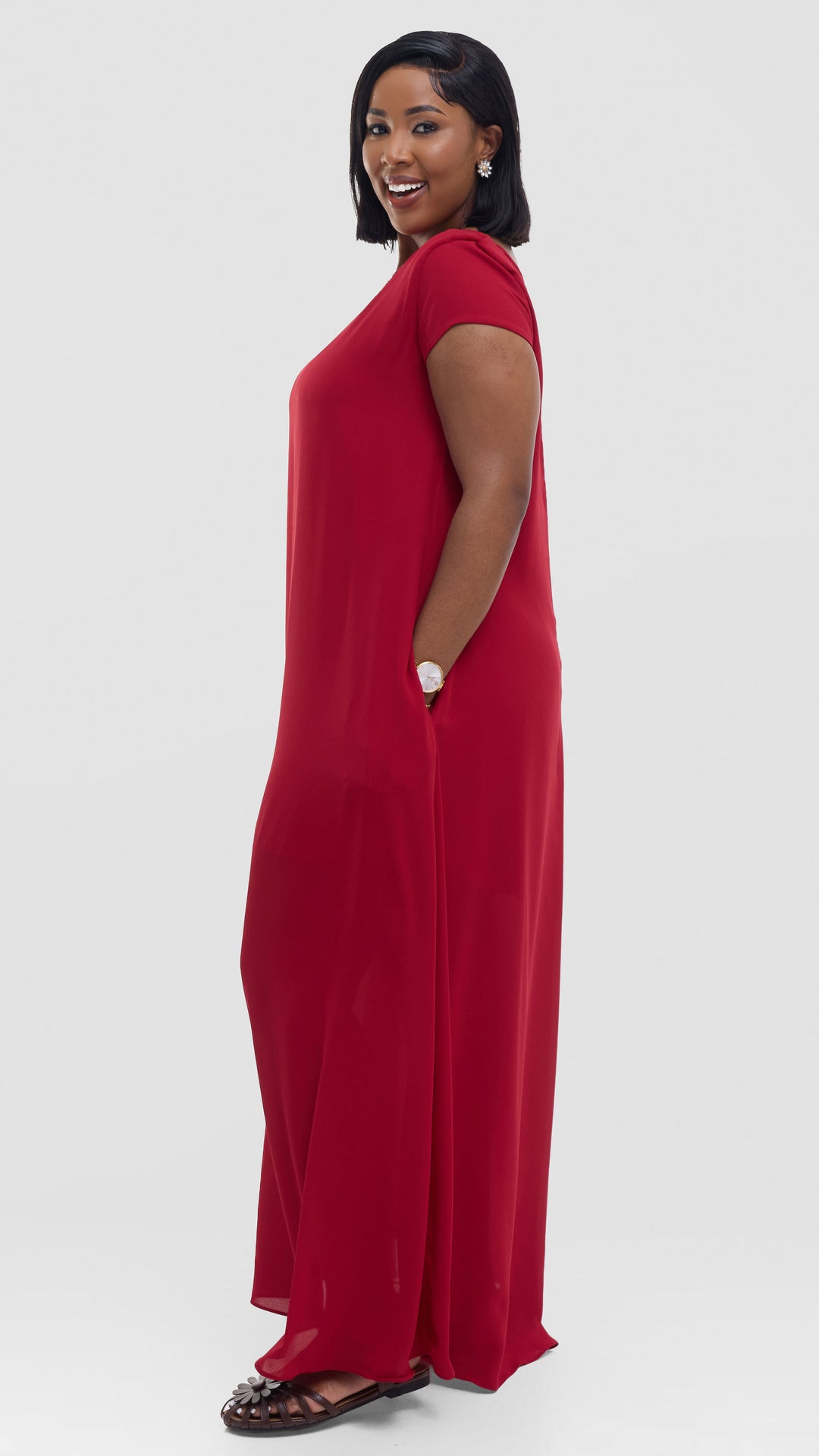 Vivo Basic Cap Sleeve Maxi Dress in Chiffon - Red