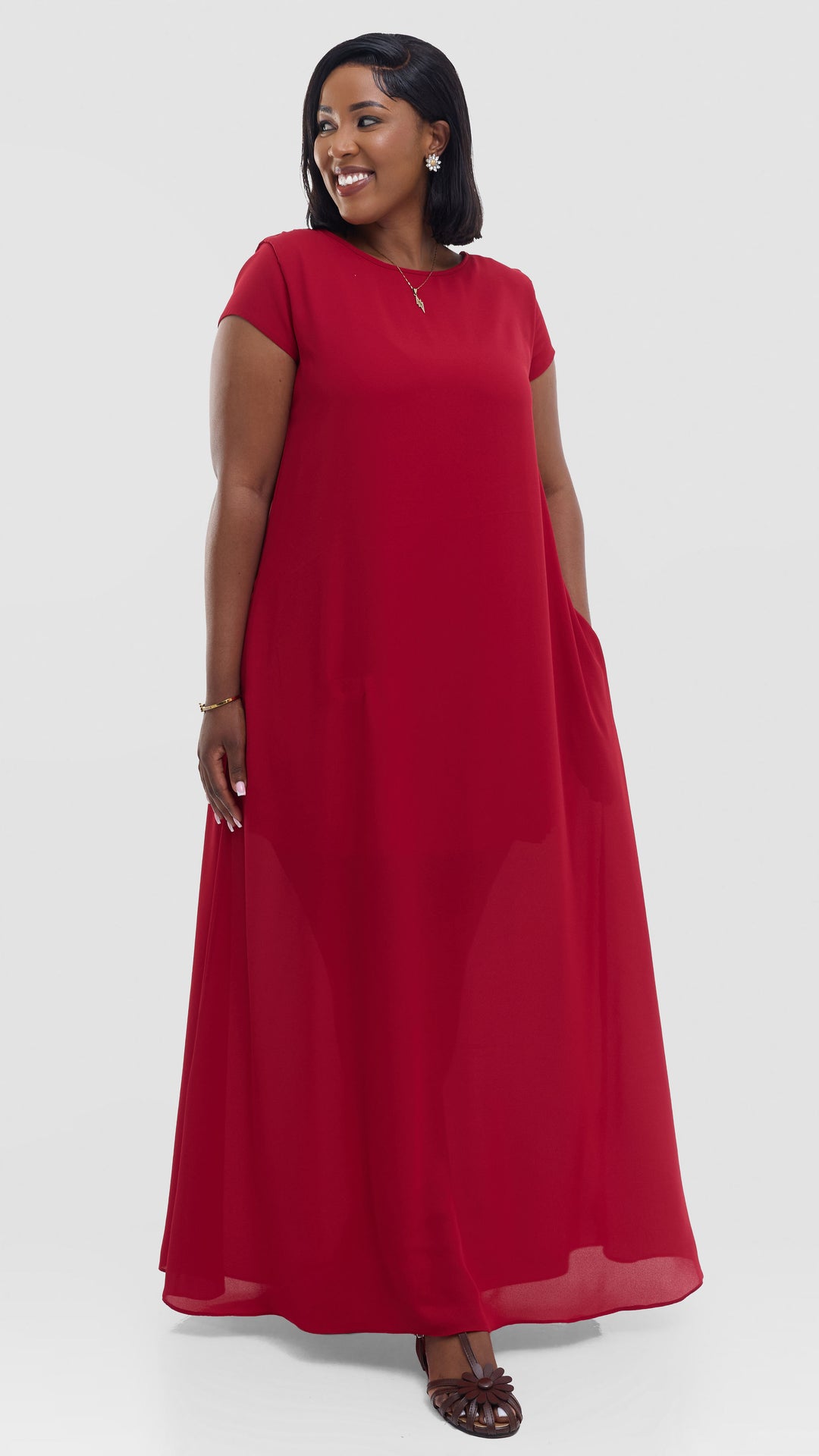 Vivo Basic Cap Sleeve Maxi Dress in Chiffon - Red